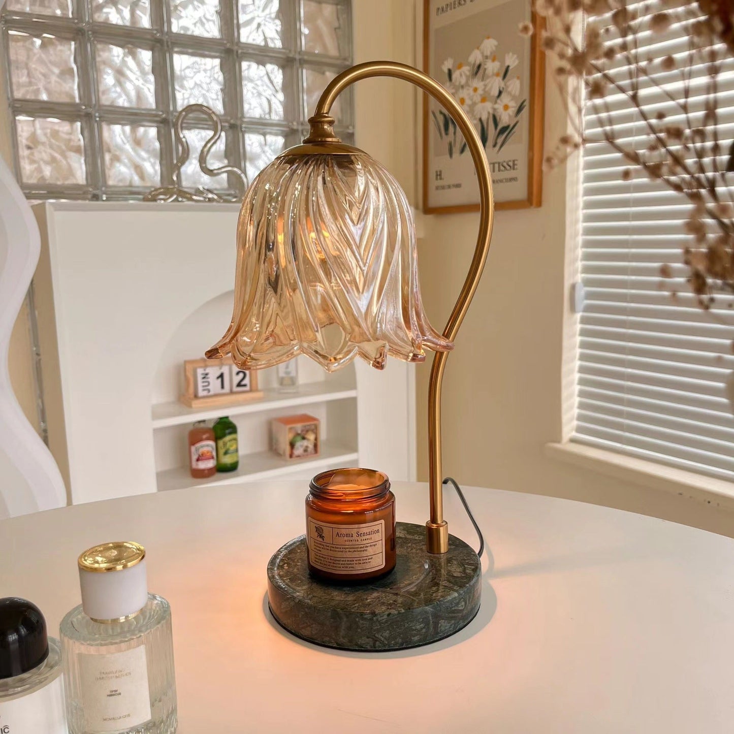 Contemporary Scandinavian Bellflower Disc Base Marble Iron Glass 1-Light Melting Wax Table Lamp For Bedroom