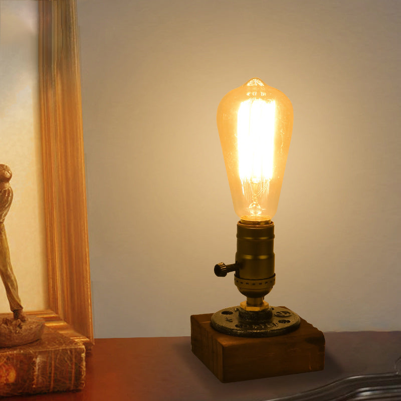 Traditional Vintage Square Round Iron Wood 1-Light Table Lamp For Bedroom