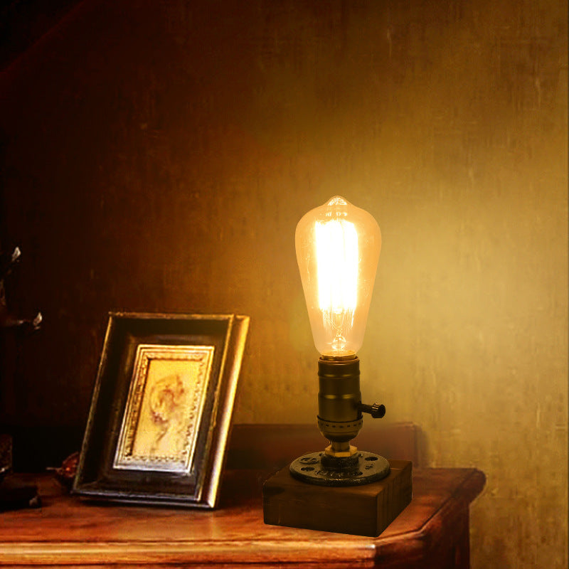 Traditional Vintage Square Round Iron Wood 1-Light Table Lamp For Bedroom