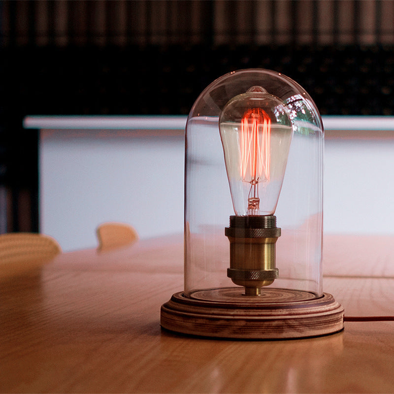 Traditional Vintage Oval Cylinder Round Wood Glass 1-Light Table Lamp For Bedroom