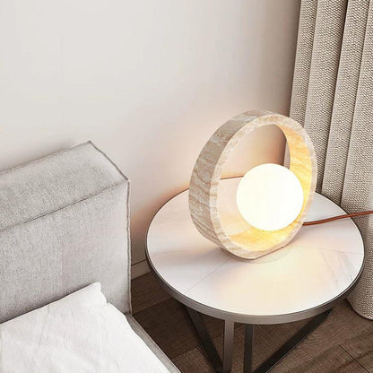 Traditional Vintage Circle Ring Yellow Travertine 1-Light Table Lamp For Bedroom