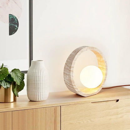Traditional Vintage Circle Ring Yellow Travertine 1-Light Table Lamp For Bedroom
