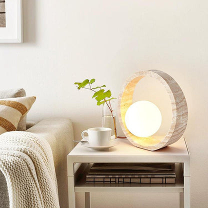 Traditional Vintage Circle Ring Yellow Travertine 1-Light Table Lamp For Bedroom