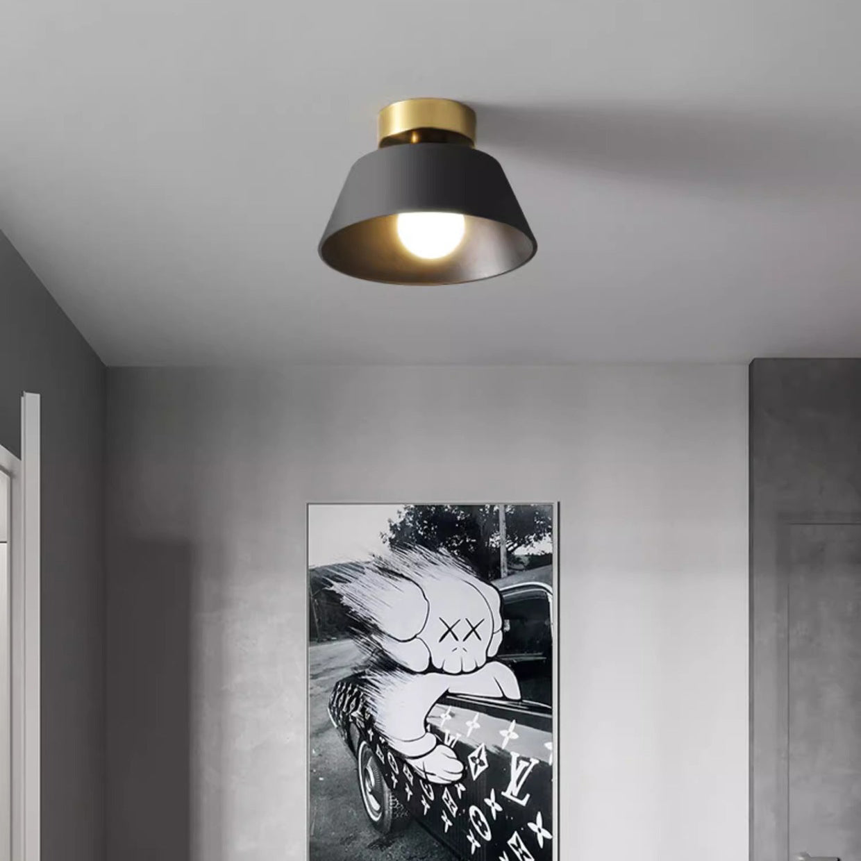 Contemporary Nordic Round Iron 1-Light Semi-Flush Mount Ceiling Light For Bedroom