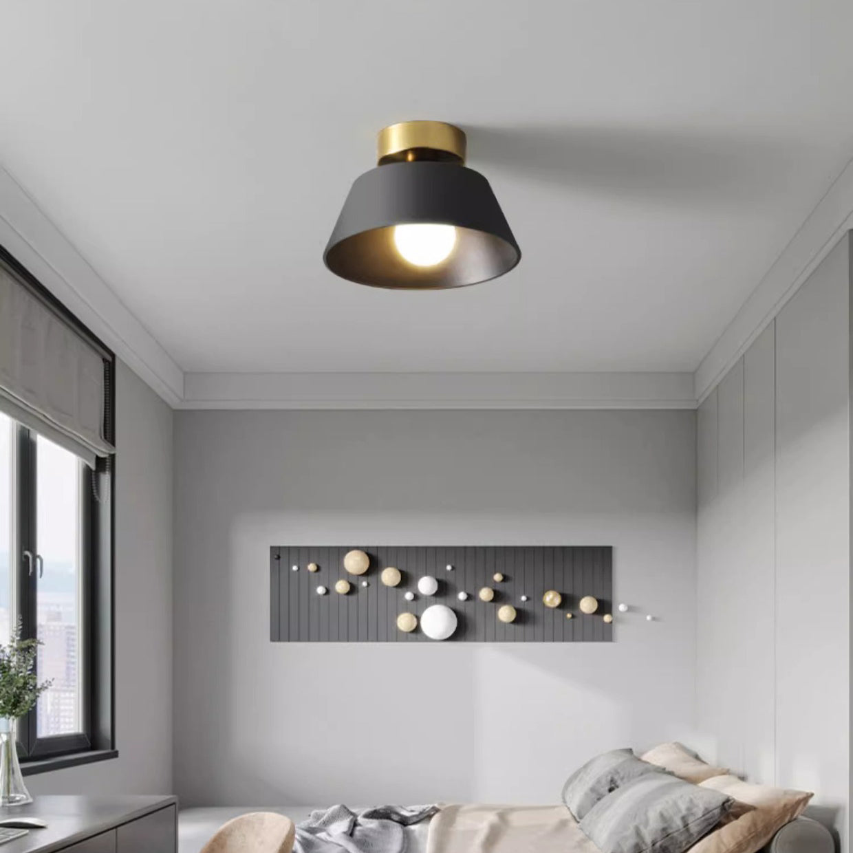 Contemporary Nordic Round Iron 1-Light Semi-Flush Mount Ceiling Light For Bedroom