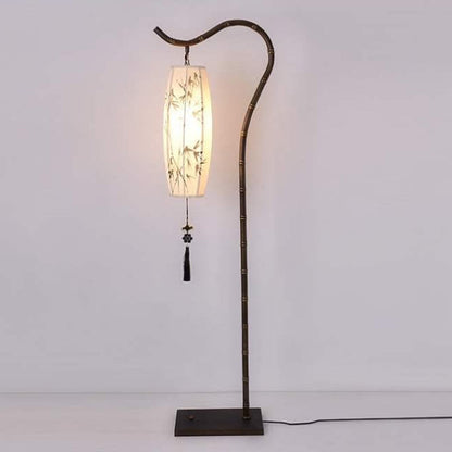 Traditional Chinese Zen Bamboo Painting Fabric Arc Iron Base 1-Light Standing Floor Lamp For Home Office