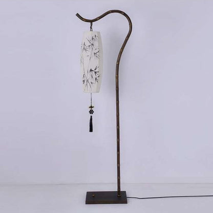 Traditional Chinese Zen Bamboo Painting Fabric Arc Iron Base 1-Light Standing Floor Lamp For Home Office