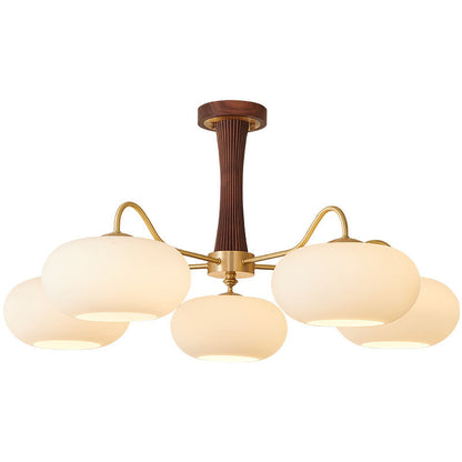 Traditional French Walnut Brass Frame Glass Persimmon Shade 3/5-Light Semi-Flush Mount Ceiling Light For Living Room