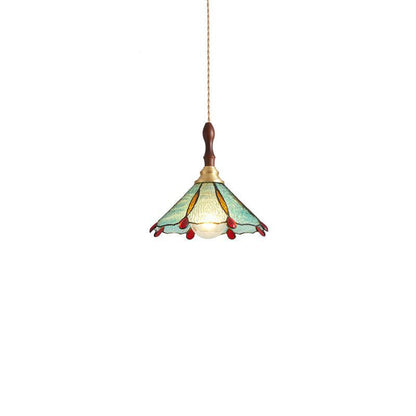 Traditional French Stained Glass Conical Shade 1-Light Pendant Light For Living Room