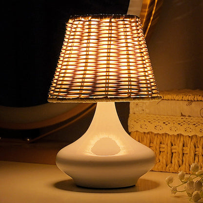 Contemporary Simplicity Rattan Weaving Shade Iron Vase Base USB LED Table Lamp For Bedroom