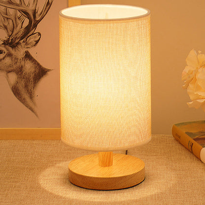 Traditional Vintage Fabric Cylinder Shade Wood Base USB LED Table Lamp For Bedroom