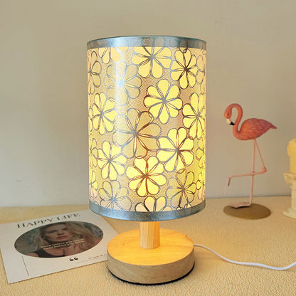 Traditional Vintage Fabric Cylinder Shade Wood Base USB LED Table Lamp For Bedroom