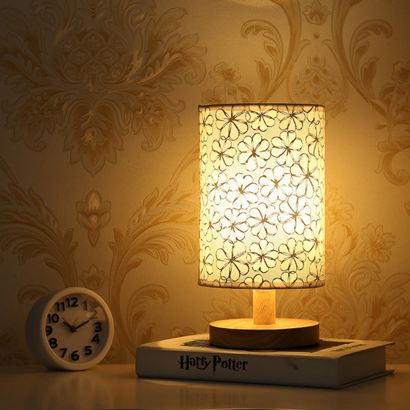 Traditional Vintage Fabric Cylinder Shade Wood Base USB LED Table Lamp For Bedroom
