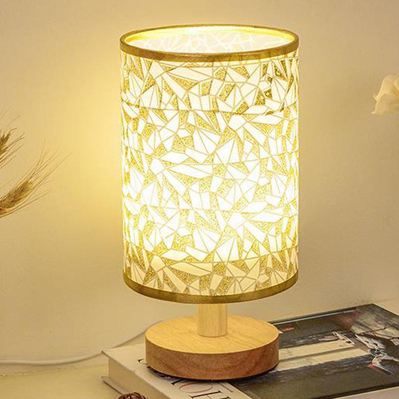 Traditional Vintage Fabric Cylinder Shade Wood Base USB LED Table Lamp For Bedroom