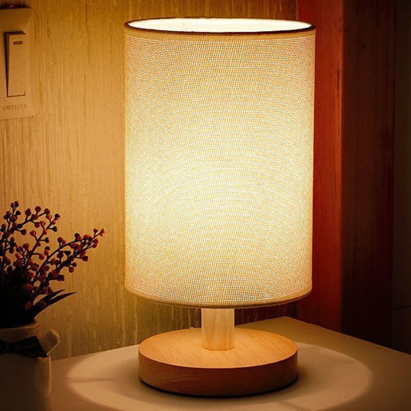 Traditional Vintage Fabric Cylinder Shade Wood Base USB LED Table Lamp For Bedroom