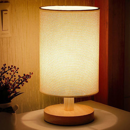 Traditional Vintage Fabric Cylinder Shade Wood Base USB LED Table Lamp For Bedroom