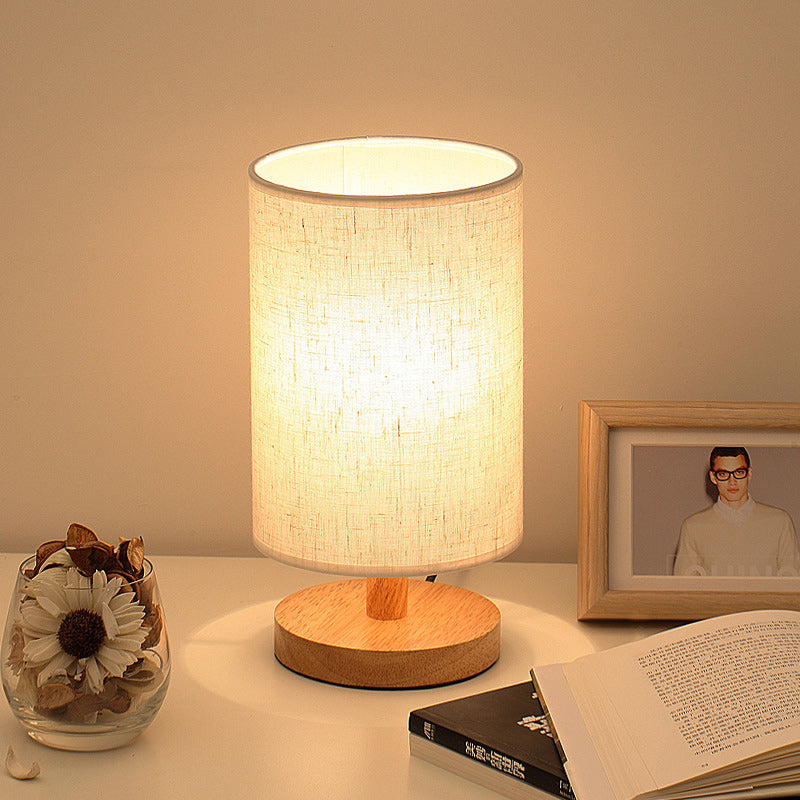 Traditional Vintage Fabric Cylinder Shade Wood Base USB LED Table Lamp For Bedroom