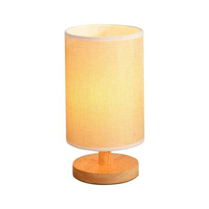 Traditional Vintage Fabric Cylinder Shade Wood Base USB LED Table Lamp For Bedroom