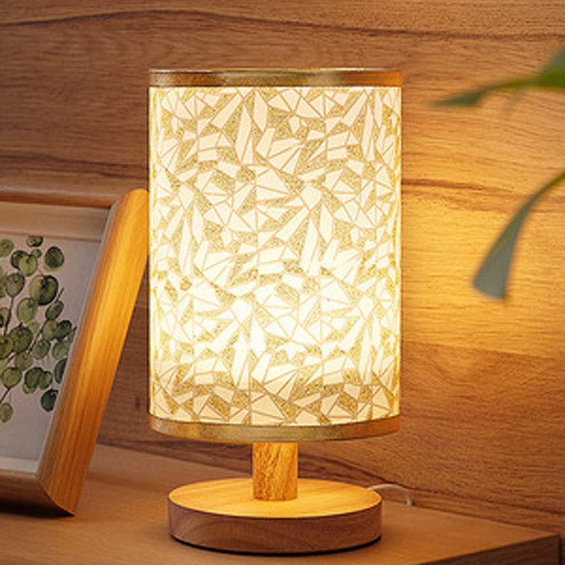 Traditional Vintage Fabric Cylinder Shade Wood Base USB LED Table Lamp For Bedroom