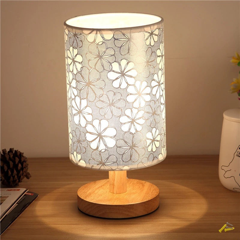 Traditional Vintage Fabric Cylinder Shade Wood Base USB LED Table Lamp For Bedroom