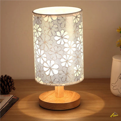 Traditional Vintage Fabric Cylinder Shade Wood Base USB LED Table Lamp For Bedroom