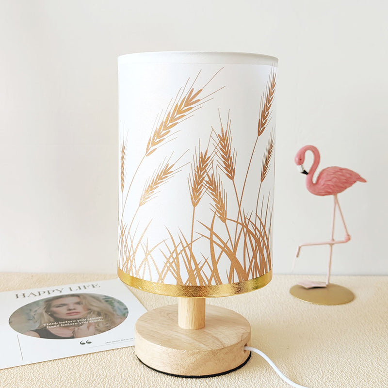 Traditional Vintage Fabric Cylinder Shade Wood Base USB LED Table Lamp For Bedroom