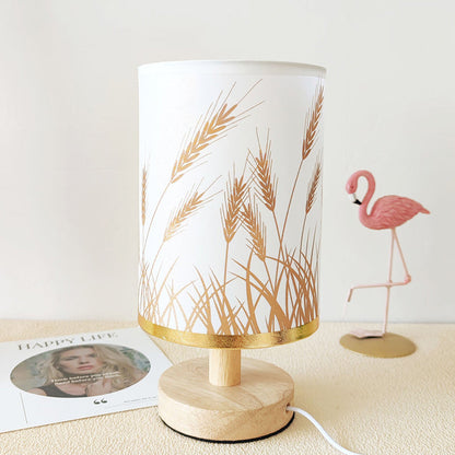Traditional Vintage Fabric Cylinder Shade Wood Base USB LED Table Lamp For Bedroom