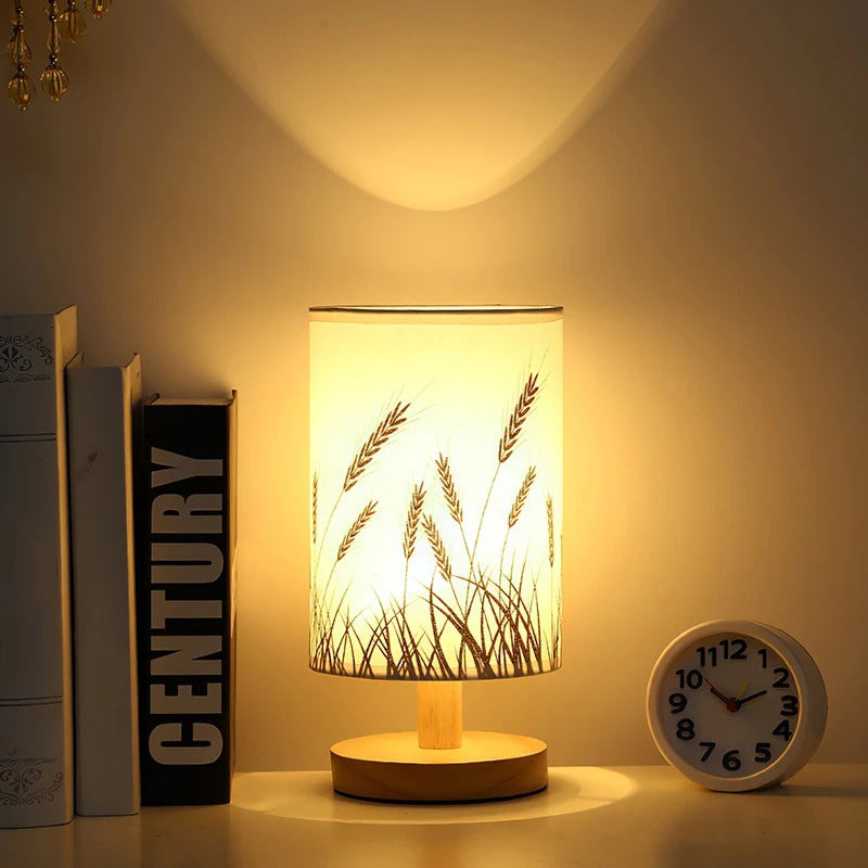 Traditional Vintage Fabric Cylinder Shade Wood Base USB LED Table Lamp For Bedroom