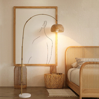 Contemporary Retro Bamboo Weaving Shade Arc 1-Light Standing Floor Lamp For Living Room
