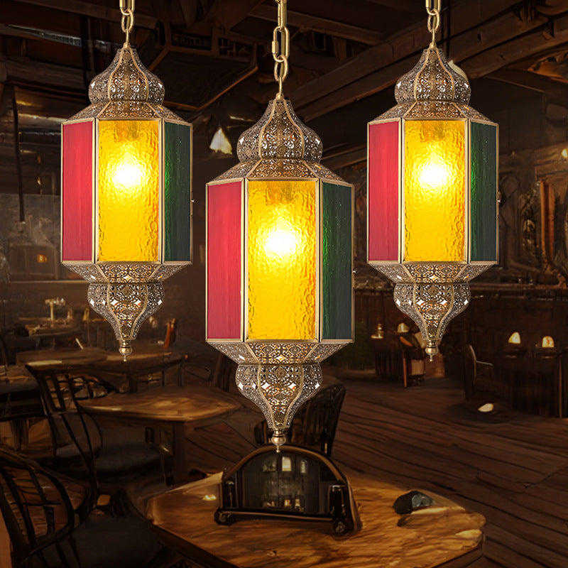 Traditional Vintage Stained Glass Hollow Carved Brass 1-Light Pendant Light For Dining Room