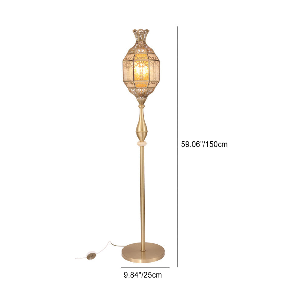 Traditional Vintage Hollow Antique Brass Glass 1-Light Standing Floor Lamp For Dining Room