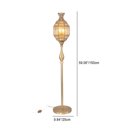 Traditional Vintage Hollow Antique Brass Glass 1-Light Standing Floor Lamp For Dining Room