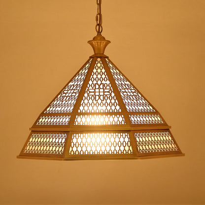 Traditional Rustic Antique Brass Hollow Cone 1-Light Pendant Light For Dining Room