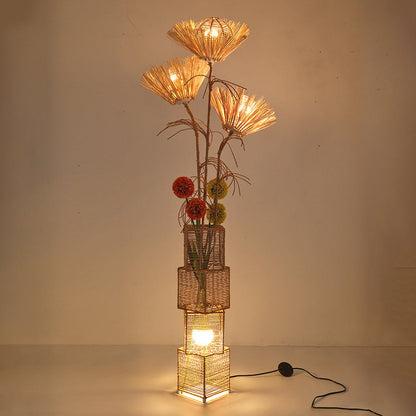 Traditional Japanese Plant Decoration Rattan Weaving Square Shade 1-Light Standing Floor Lamp For Living Room