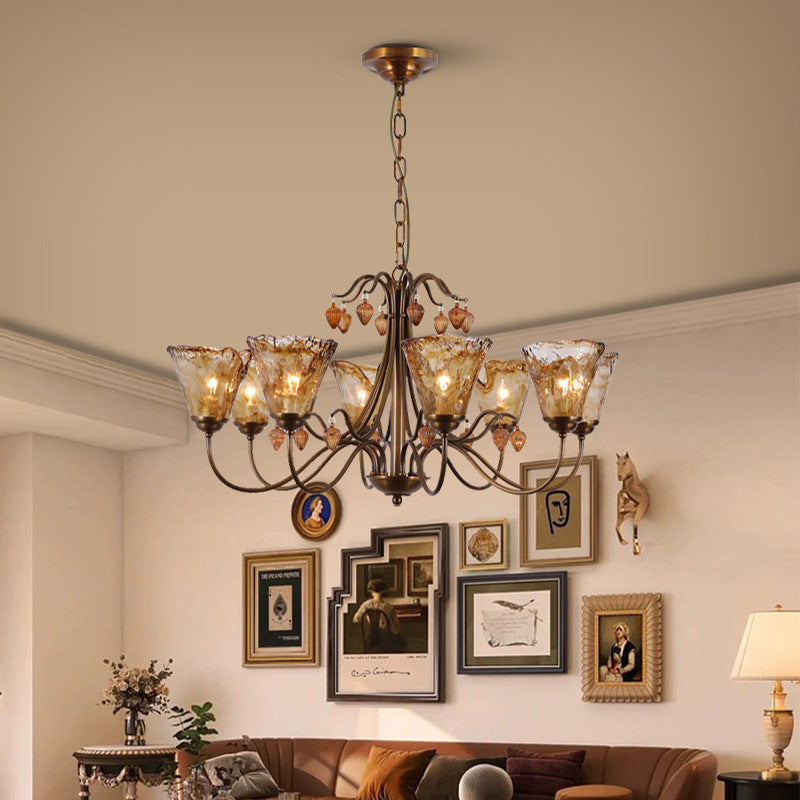 Traditional Vintage Full Copper Frame Glass Cup Shade 8-Light Chandelier For Living Room