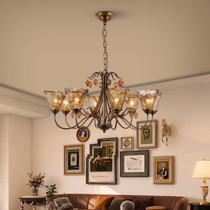 Traditional Vintage Full Copper Frame Glass Cup Shade 8-Light Chandelier For Living Room