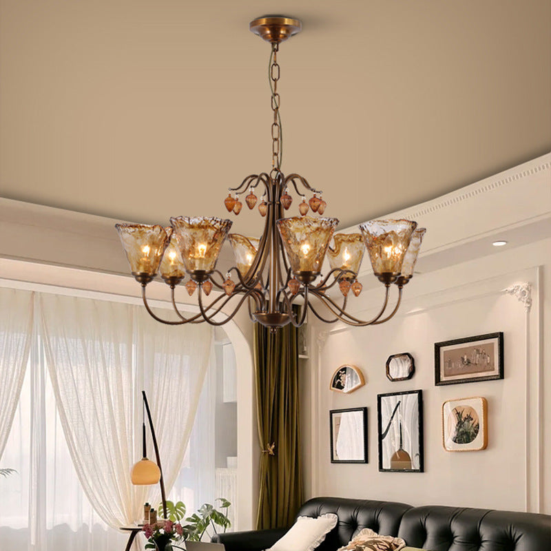 Traditional Vintage Full Copper Frame Glass Cup Shade 8-Light Chandelier For Living Room