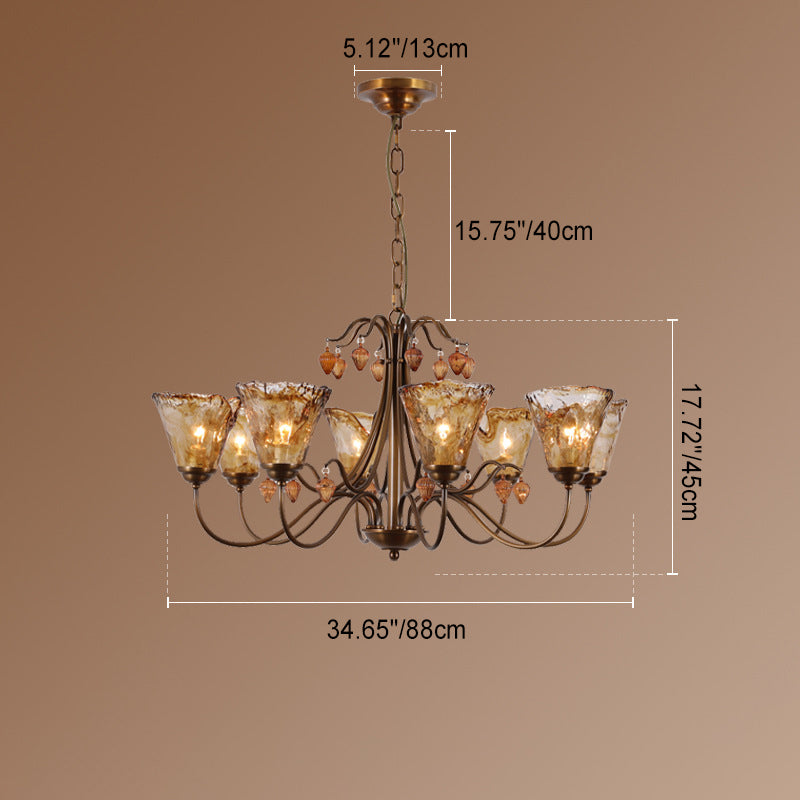 Traditional Vintage Full Copper Frame Glass Cup Shade 8-Light Chandelier For Living Room