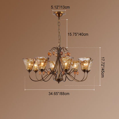 Traditional Vintage Full Copper Frame Glass Cup Shade 8-Light Chandelier For Living Room