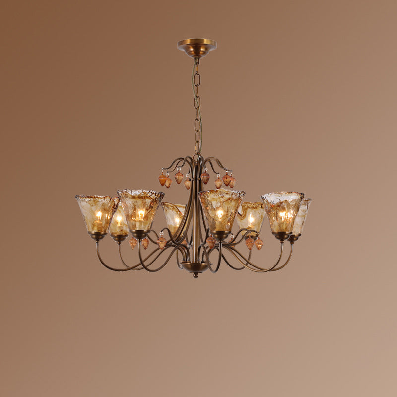 Traditional Vintage Full Copper Frame Glass Cup Shade 8-Light Chandelier For Living Room