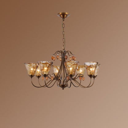Traditional Vintage Full Copper Frame Glass Cup Shade 8-Light Chandelier For Living Room