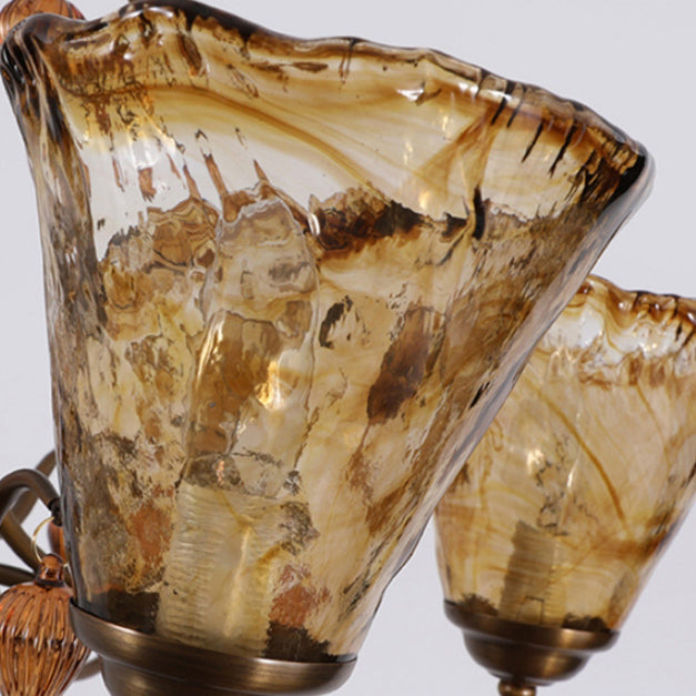 Traditional Vintage Full Copper Frame Glass Cup Shade 8-Light Chandelier For Living Room
