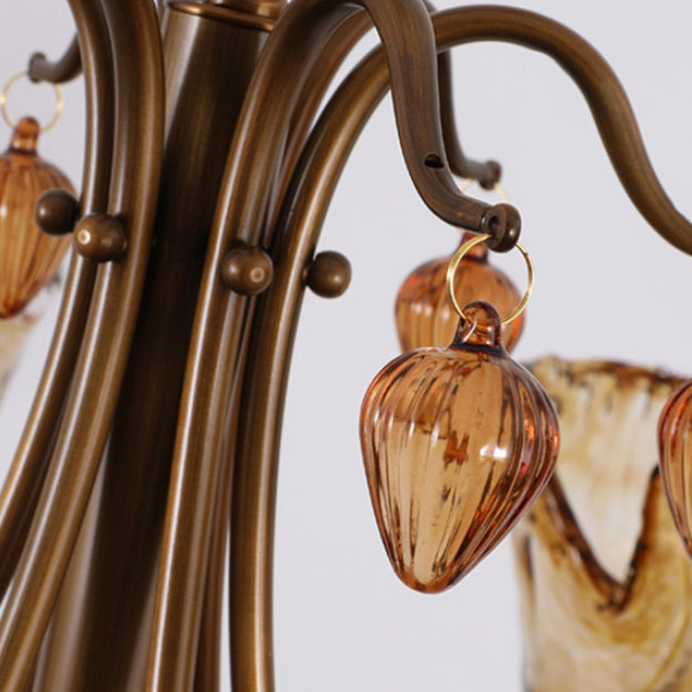 Traditional Vintage Full Copper Frame Glass Cup Shade 8-Light Chandelier For Living Room