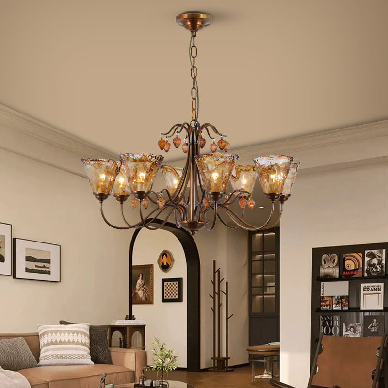 Traditional Vintage Full Copper Frame Glass Cup Shade 8-Light Chandelier For Living Room