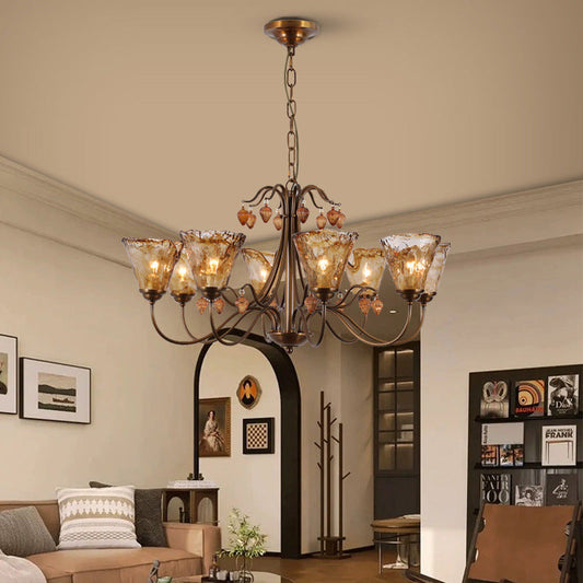 Traditional Vintage Full Copper Frame Glass Cup Shade 8-Light Chandelier For Living Room