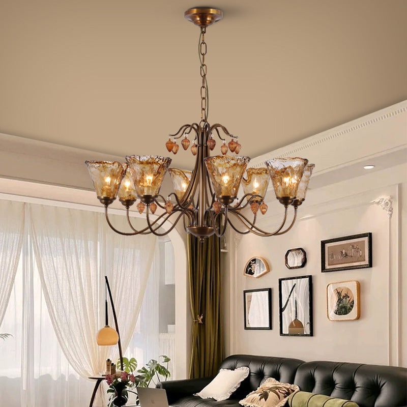 Traditional Vintage Full Copper Frame Glass Cup Shade 8-Light Chandelier For Living Room