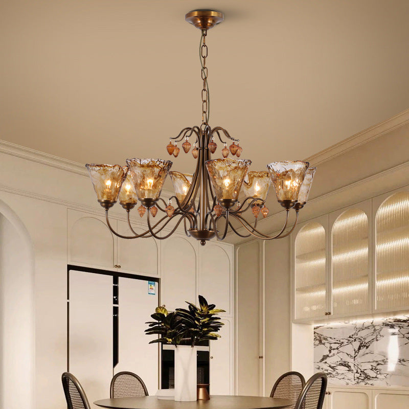 Traditional Vintage Full Copper Frame Glass Cup Shade 8-Light Chandelier For Living Room