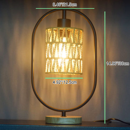 Traditional Vintage Hemp Rope Weaving Cage Wood Base 1-Light Table Lamp For Bedroom