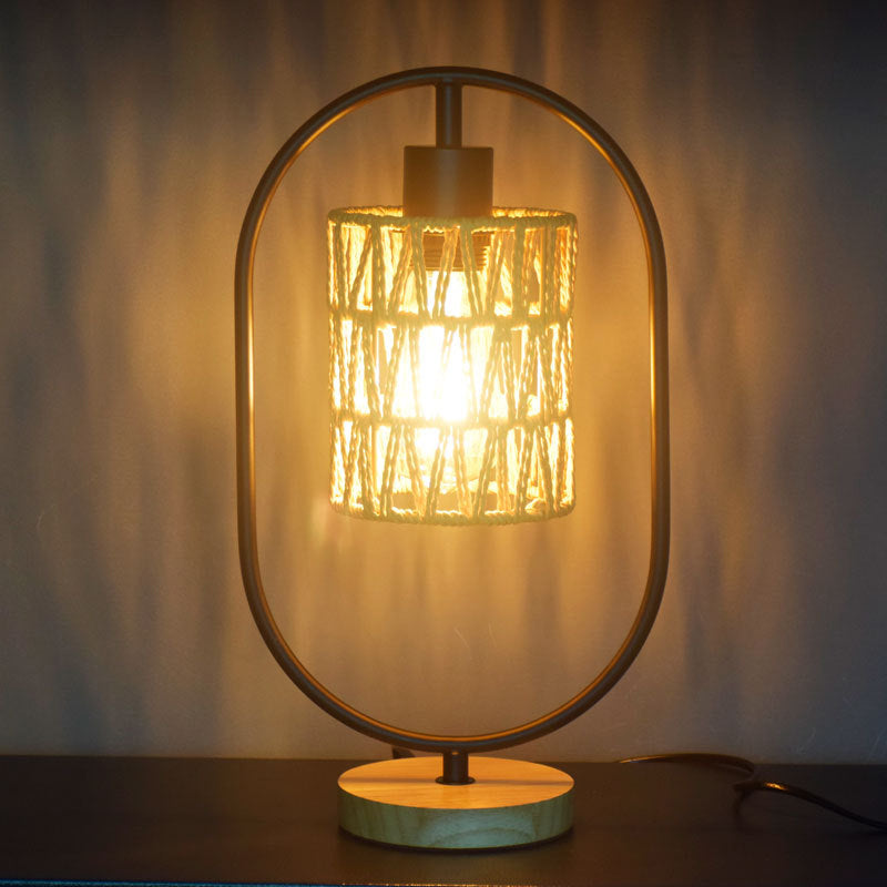 Traditional Vintage Hemp Rope Weaving Cage Wood Base 1-Light Table Lamp For Bedroom