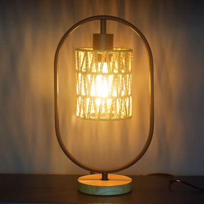 Traditional Vintage Hemp Rope Weaving Cage Wood Base 1-Light Table Lamp For Bedroom